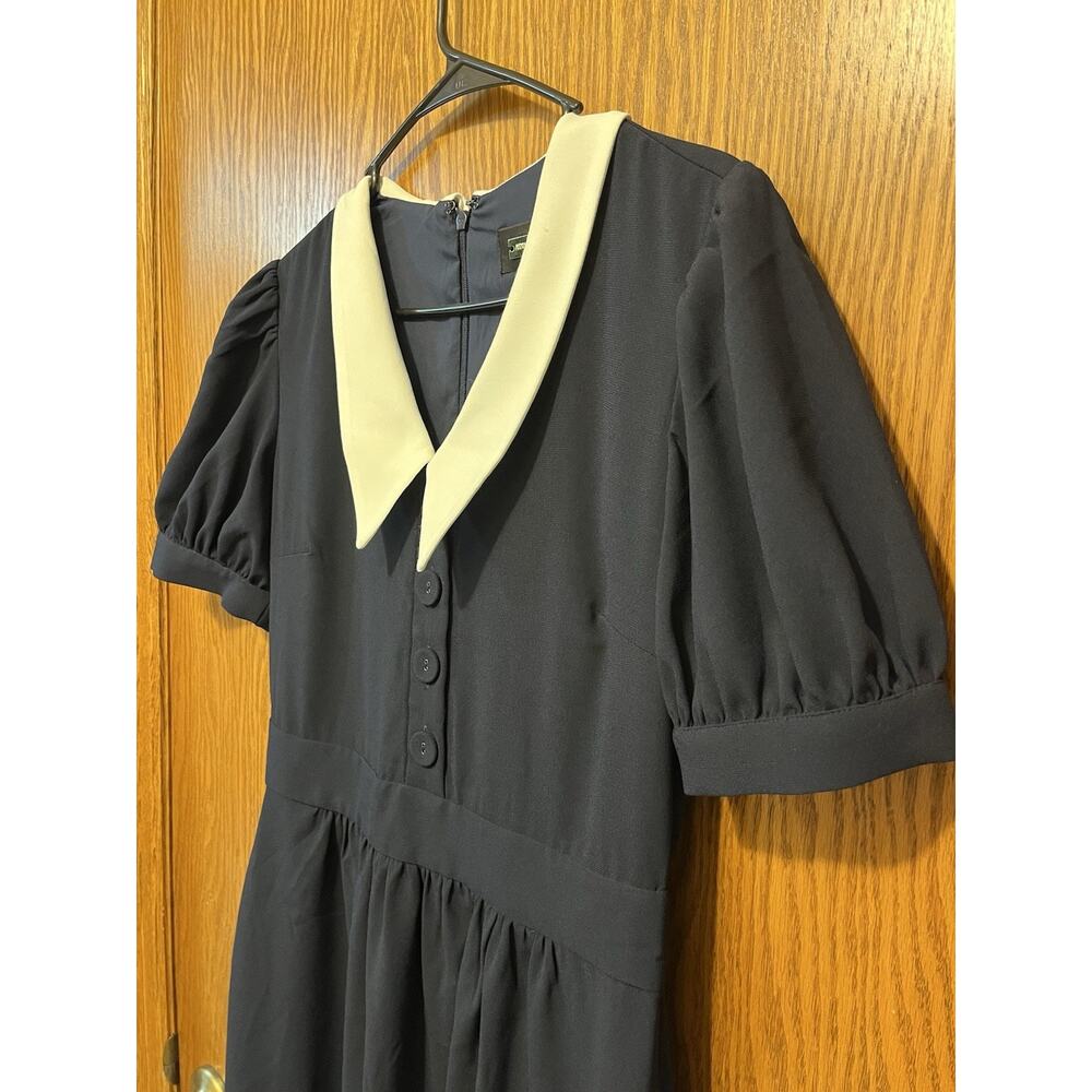 Alexia Admor NWT Navy Blue Contrast Collar Puff Sleeve Midi Dress Size 8 Vintage - Picture 4 of 15